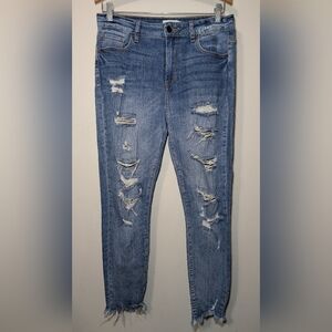 Cello Skinny Jeans Medium Wash Distressed High Waist Frayed Hem Women's Size 9